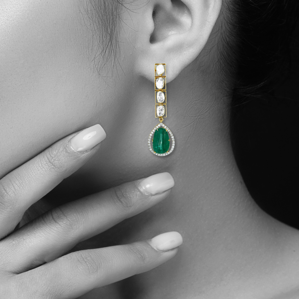 Vertical Polki Earrings with Emerald Drop Highlight